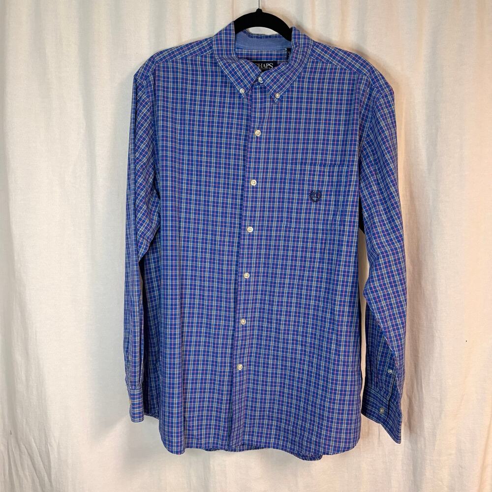 Chaps Easy Care Plaid Button Down Shirt Blue Red XL Cotton Blend